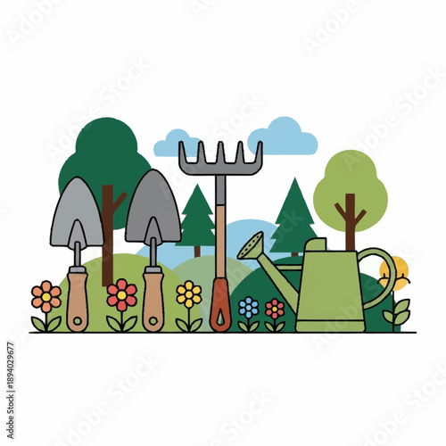 Gardening tools set for planting and watering.