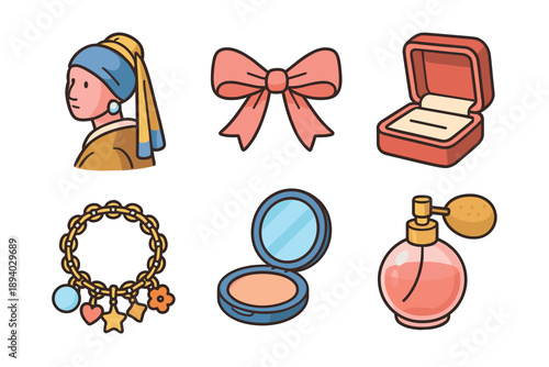 Colorful set of feminine accessory icons including a classic art portrait, pink bow, jewelry box, charm bracelet, compact powder, and vintage perfume bottle in a cute cartoon style