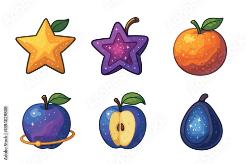 Set of colorful cosmic fruit and star icons for a video game, featuring a galaxy apple with a planetary ring, a sparkling fig, and celestial star shapes in a vibrant cartoon style