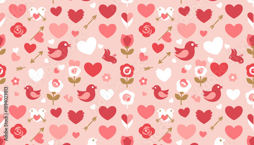 Cute Valentines Day seamless pattern with hearts flowers and love birds on pink background