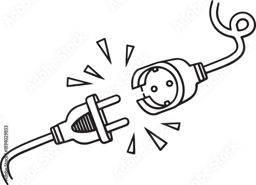 A black and white illustration of a plug and socket separating with sparks flying out