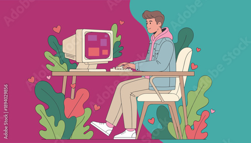 Young man working on a retro PC with hearts showing digital dating and tech nostalgia Flat illustration