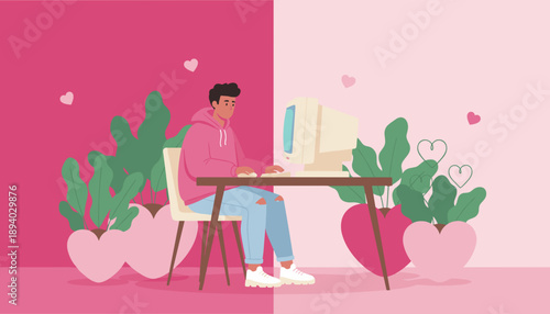 Man using retro computer in pink heartthemed setting Digital love Valentines Day online dating