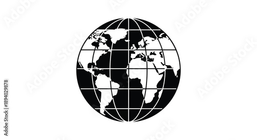 A striking black and white graphic depicts a world globe with visible continental outlines presented as a silhouette high quality professional detailed