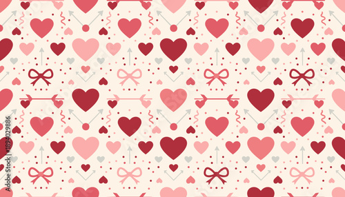 Romantic Valentines Day seamless pattern featuring pink hearts bows and Cupid arrows Great for design projects