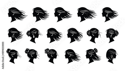 Professional Female Hairstyle and Salon Icon Set in Black and White
