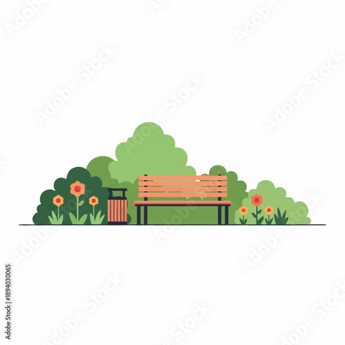 Park bench with lush green bushes and vibrant flowers.