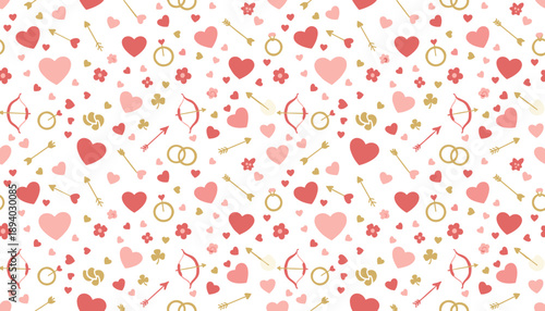Seamless Valentines pattern with pink hearts arrows bows and gold rings Love and wedding background design