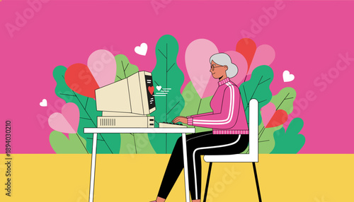 Senior woman enjoying vintage computer use for online datingsocial connection