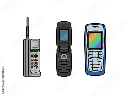 icon set of retro mobile phones from the 80s to early 2000s. Includes brick phones with antennas, flip phones, and colored feature phones.