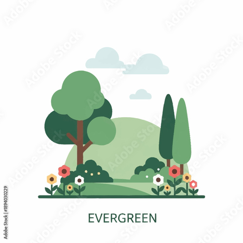 Vibrant Evergreen Landscape with Trees and Flowers.