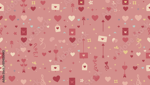 Cute hearts love letters and arrows seamless pattern on pink Romantic background for Valentines Day