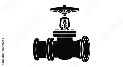 A detailed black silhouette depicts an industrial valve with a round handle and flanged connections silhouette high quality professional modern