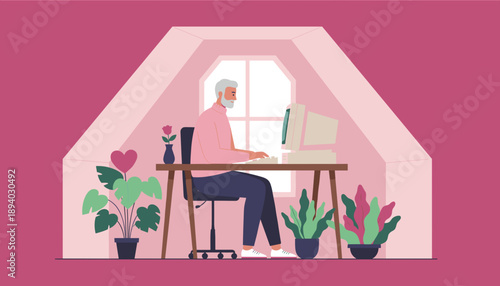 Senior man using a retro desktop computer for remote work in a cozy pink attic home office