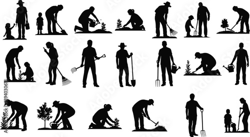 Adults and children gardening together planting, watering, digging and raking in collaborative outdoor activities teaching family bonding, education and community stewardship