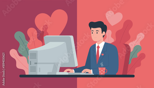 Man working on PC with hearts background Online dating romance love message or Valentines illustration