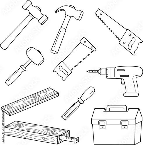 Professional black line vector illustrations of essential hand tools including hammers saws drill and toolbox।