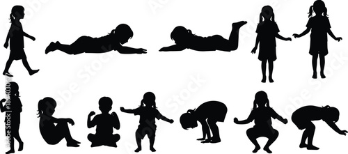 Collection of child silhouettes showing kids crawling, walking, sitting, playing, squatting and standing poses isolated black vector illustration set