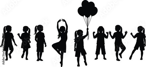 children silhouettes in playful poses including balloons and ballet, capturing childhood movement, individuality, imagination, joyful expression, and creative play