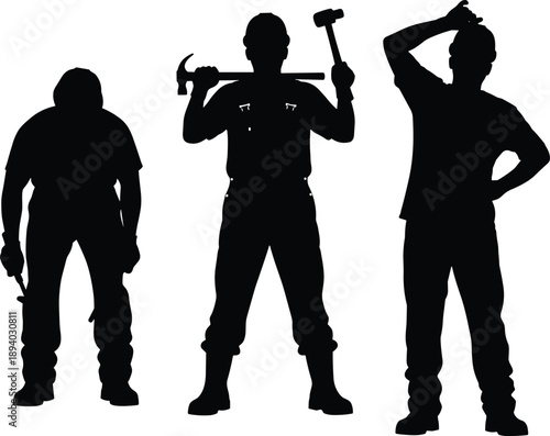 Construction worker silhouettes holding tools, teamwork concept showing laborers, craftsmen, and builders isolated on white background for industry branding