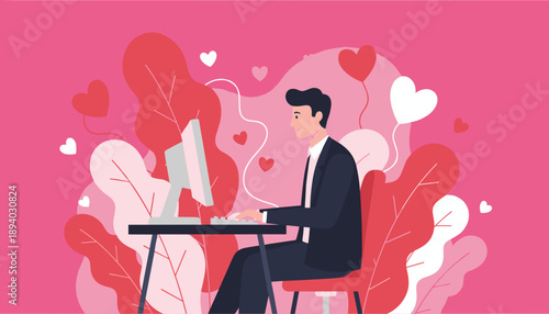 Businessman typing online surrounded by pink hearts Concept of dating communication or Valentines Day