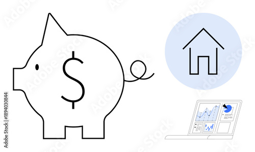 Personal finance, home budgeting, investment planning, savings growth, financial analytics, and economy. Piggy bank, home icon and laptop with chart. Personal finance and budgeting concept