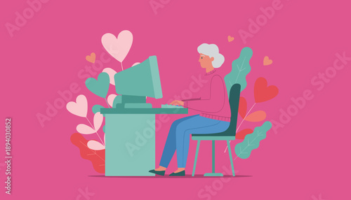 Happy senior woman uses a desktop computer for online dating or connection surrounded by romantic hearts