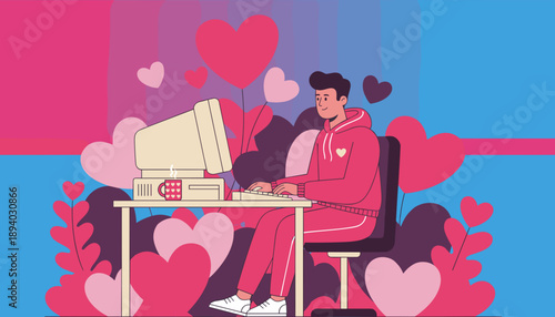 Happy man chatting online on a retro computer surrounded by pink hearts Online dating concept