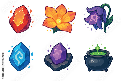 Collection of colorful fantasy game icons featuring magical crystals, enchanted flowers, and a witch's cauldron with bubbling green potion, designed in a vibrant cartoon vector style