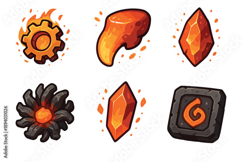 Collection of magical fire element icons featuring a flaming cog, glowing orange gems, a volcanic flower, and a carved stone rune for a fantasy video game