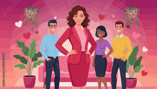 Confident businesswoman leads a diverse group in a romantic pink room with floating hearts Dating concept