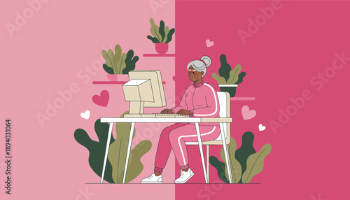 Senior Black woman in tracksuit typing on desktop computer healthy aging and technology use