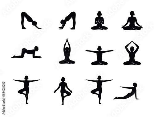Yoga Poses Silhouette Icons Meditation and Mindfulness Vector Pack