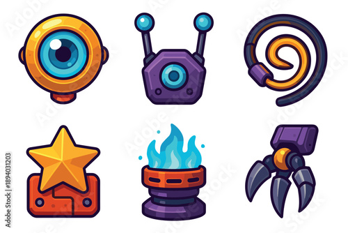 Set of six colorful cartoon video game icons featuring a robotic eye, mechanical claw, star power-up, and blue energy flame for a sci-fi user interface design