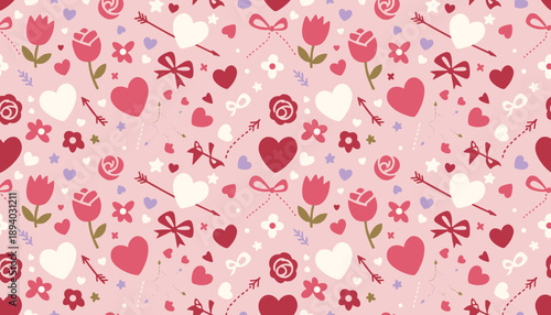 Seamless Valentines pattern with hearts flowers bows and cupid arrows on a soft pink background