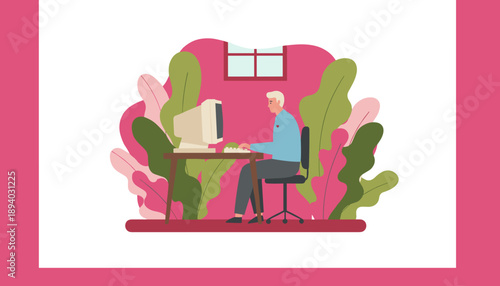 Mature man working remotely on a retro PC in a colorful plantfilled home office illustration