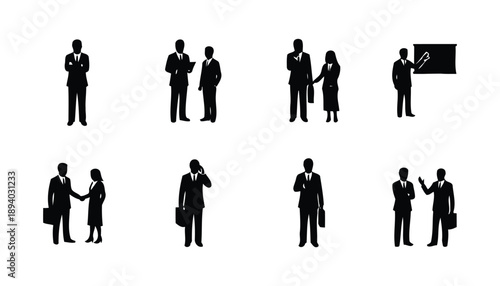 Set of business professional silhouettes in various office poses