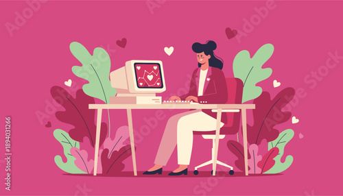 Woman finds love online using a vintage computer surrounded by pink hearts and plants