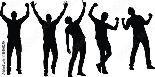 Five black silhouette figures in dynamic triumphant poses expressing victory, joy, celebration, motivation, teamwork, energy, and expressive human gestures