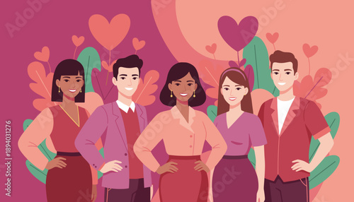 Diverse group of smiling friends surrounded by hearts and plants celebrating love and community