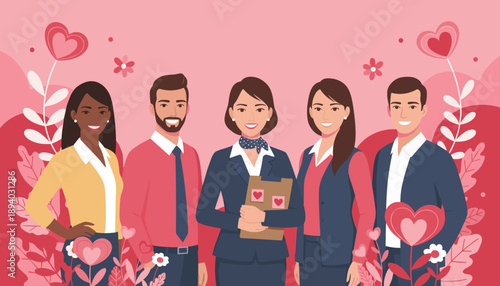 Diverse professional team smiling amidst hearts and flowers symbolizing business appreciation and love