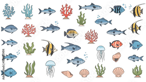 Collection of Various Cartoon Ocean Creatures.