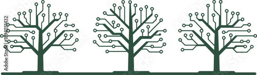 Stylized circuit tree silhouettes with branching electronic pathways, black vector design for digital growth, eco-tech, and nature-technology fusion themes