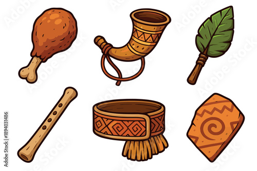Set of cartoon tribal items including a chicken leg, drinking horn, leaf fan, flute, armband, and stone tablet, representing fantasy or historical game assets