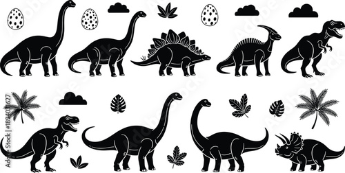 Black Silhouette Dinosaur Vector Collection Featuring T-Rex, Stegosaurus, Triceratops, Brontosaurus, Eggs, and Prehistoric Plants Isolated on White Background Illustration