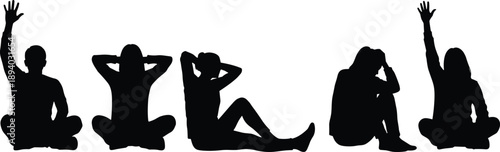 Five seated silhouette figures in varied contemplative and relaxed poses on white background, nonverbal communication body language psychology social behavior vector set