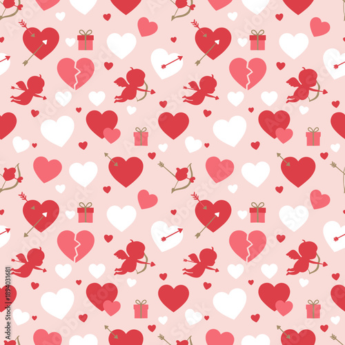 Seamless romantic background pattern with hearts Cupid arrows and gift boxes for Valentines Day celebration