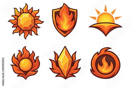 Set of six fiery orange game icons featuring a sun gem, flame shield, rising sun, crystal, and fireball symbols for a fantasy RPG or mobile app interface design
