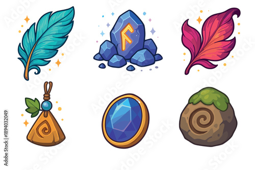 Collection of cartoon fantasy game assets featuring a magical feather, glowing runestone, enchanted leaf, wooden amulet, blue gemstone, and a mossy spiral stone