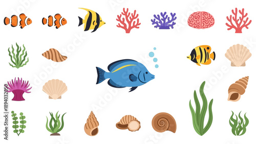 Collection of Various Cartoon Sea Creatures and Plants.